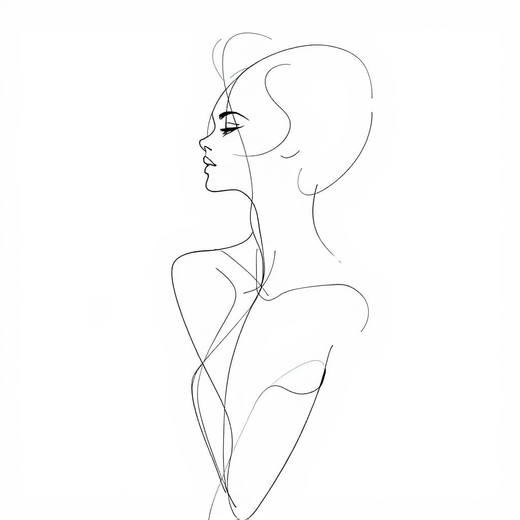 AI generated: Create a minimalist, abstract sketch of a woman, using very basic and delicate lines to define her f...