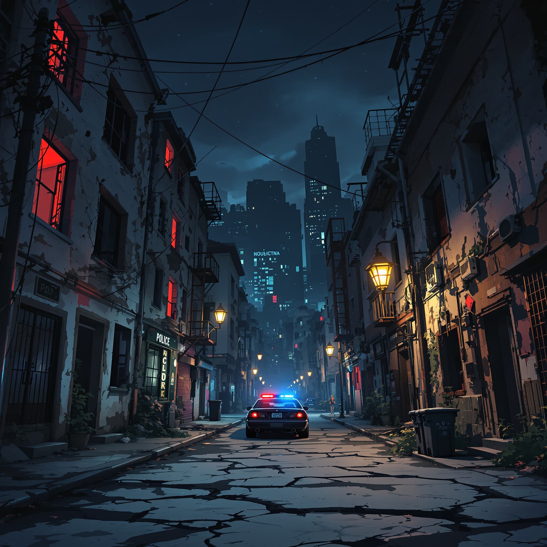 AI generated: front view of A deserted destroyed abandoned urban anime ghetto neighborhood really run down abandon...