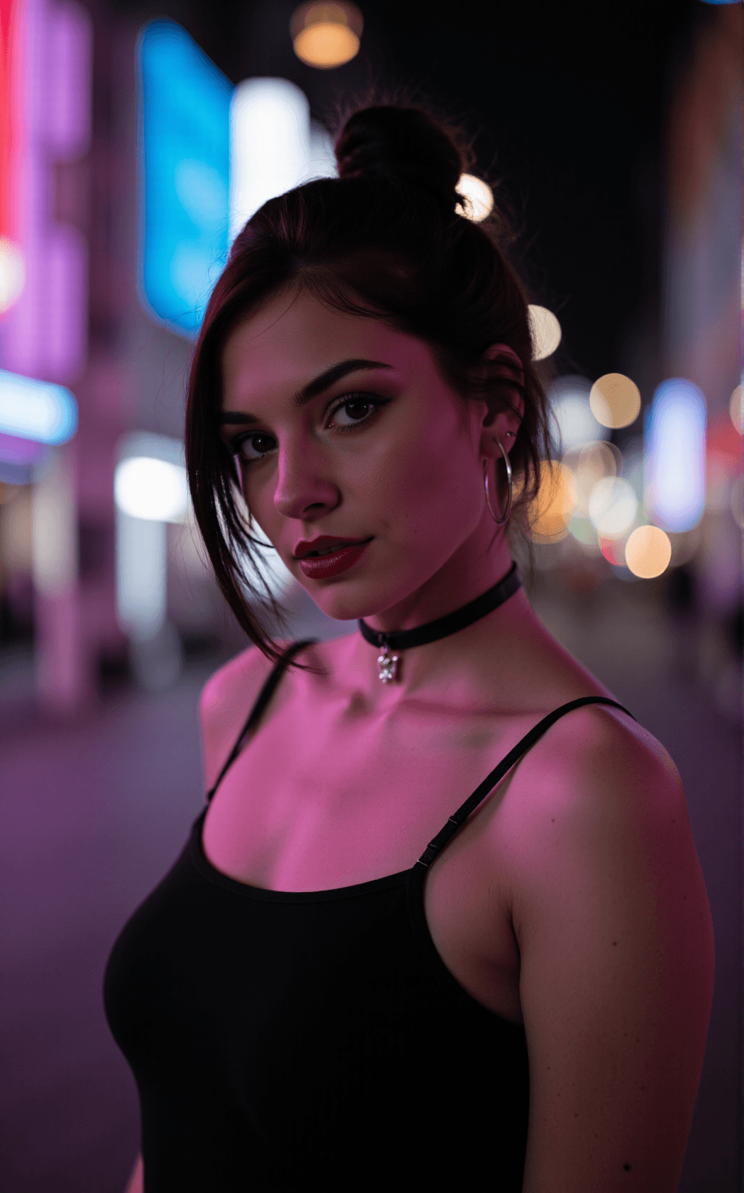 AI generated: A cinematic portrait of a striking hipster woman standing amidst the vibrant glow of a bustling city...