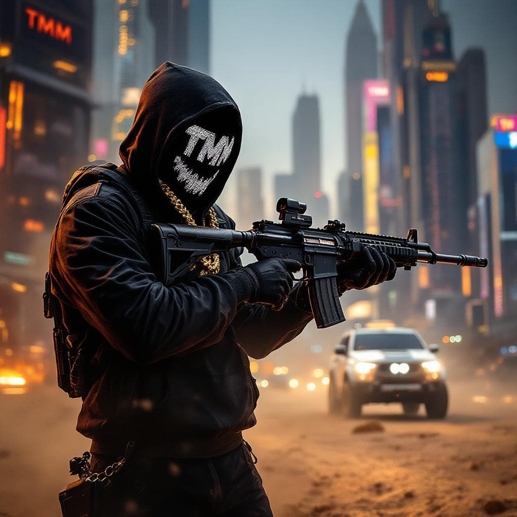 AI generated: black ops theme wearing face mask holding ak-47 dark theme, wearing diamond chains on emblem "TMM" f...