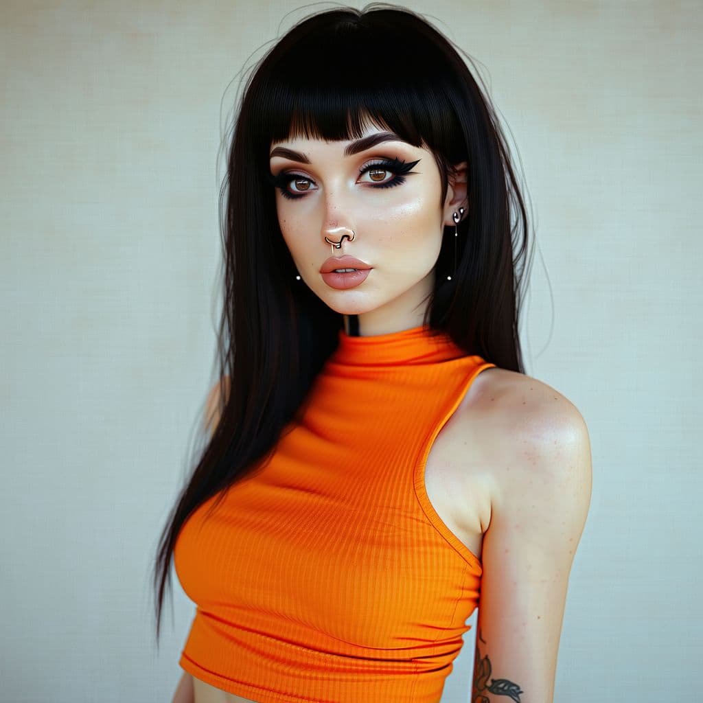 AI generated: velma from scooby-doo, beautiful charismatic girl, showing piercing, athletic body, a woman an orang...
