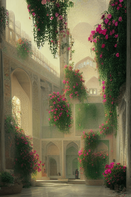 AI generated: Hanging Gardens, Persian architecture, Temple volume atrium light full of rose, vibrant flowers, arc...