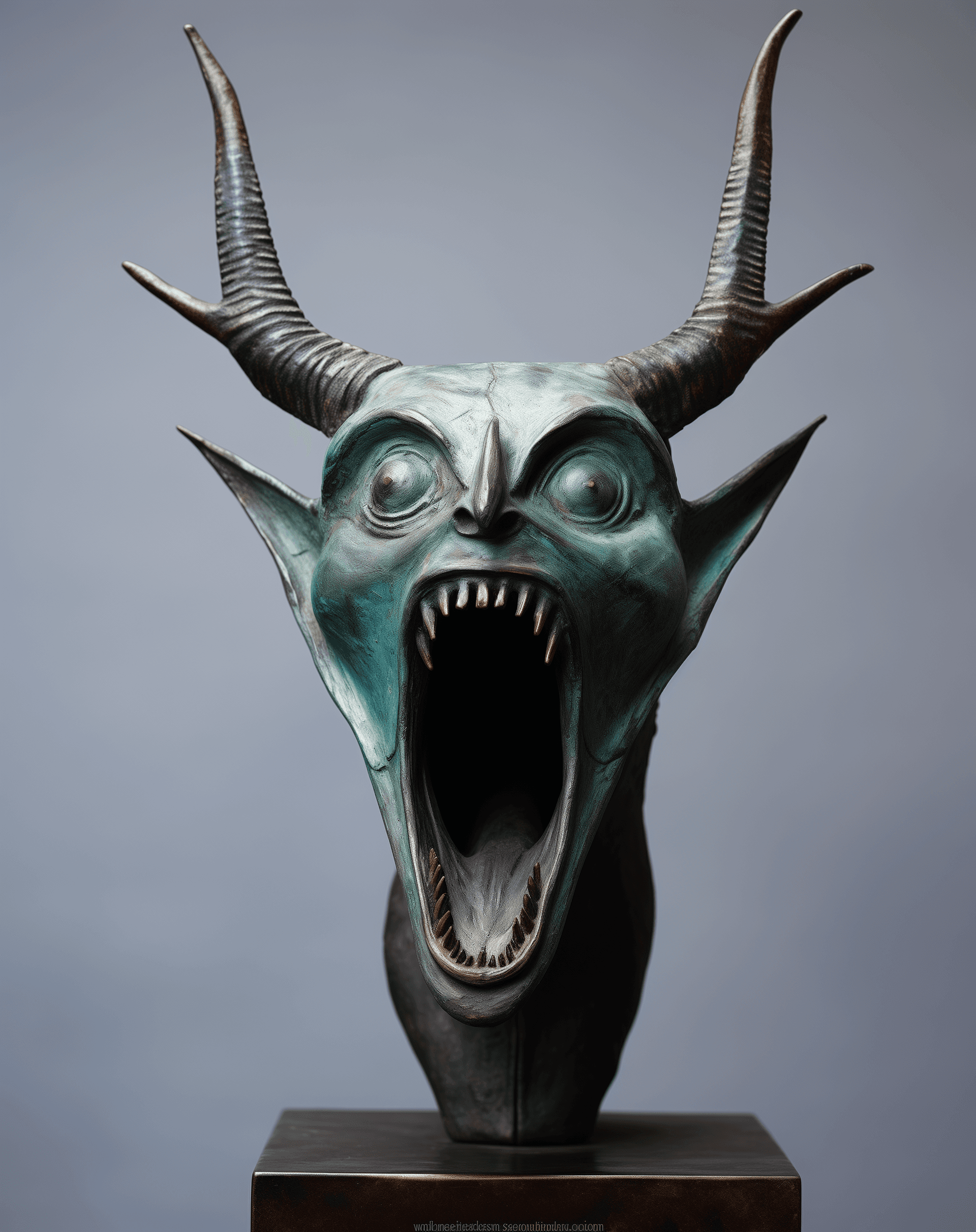 AI generated: A bronze figure of an animal with the head and body in one piece, open mouth showing teeth, long bea...