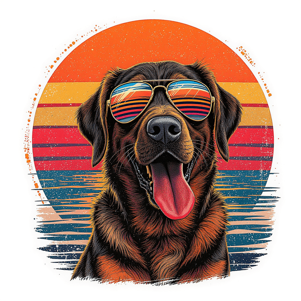 AI generated: "Vintage-style illustration of a cool dog wearing aviator sunglasses,sitting in front of a Sunset wi...