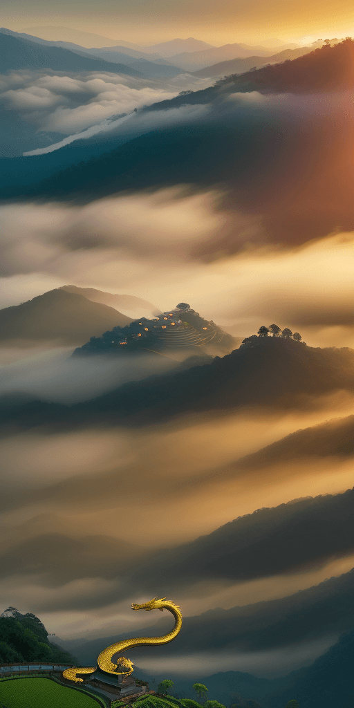AI generated: /imagine prompt: A resplendent golden serpent, soaring above a tea estate wrapped in morning fog, th...