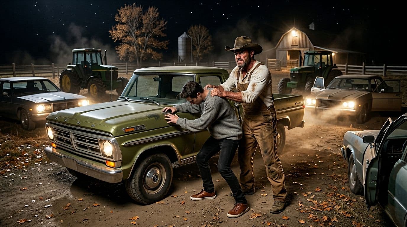 AI generated: In an Autumn night at a ranch. The large vintage olive green Ford pick up truck is parked between ni...