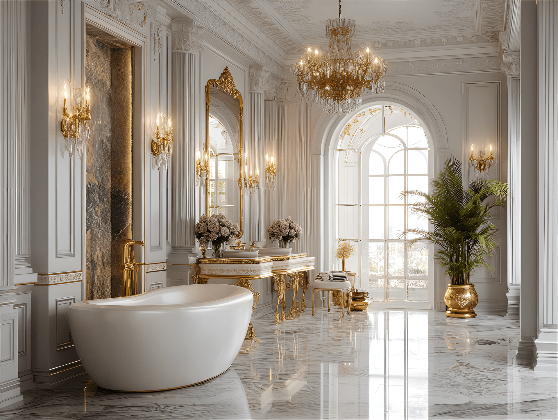 AI generated: A luxurious and elegant bathroom in a Neoclassical-style mansion, with marble floors, a freestanding...
