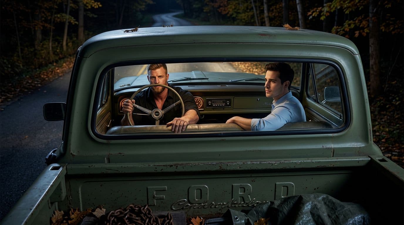 AI generated: In an Autumn night. the male muscular model is driving a vintage olive green Ford pick up truck. The...