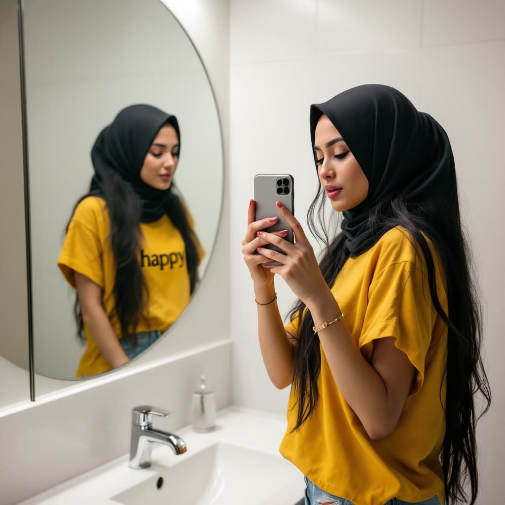 AI generated: A young muslim women with long black hair and wearing hijab is taking a selfie in her bathroom. She ...