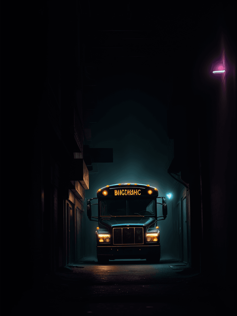 AI generated: bigblack  school bus in the middle of the night, looking straight down a dark alley, glowing lights,...
