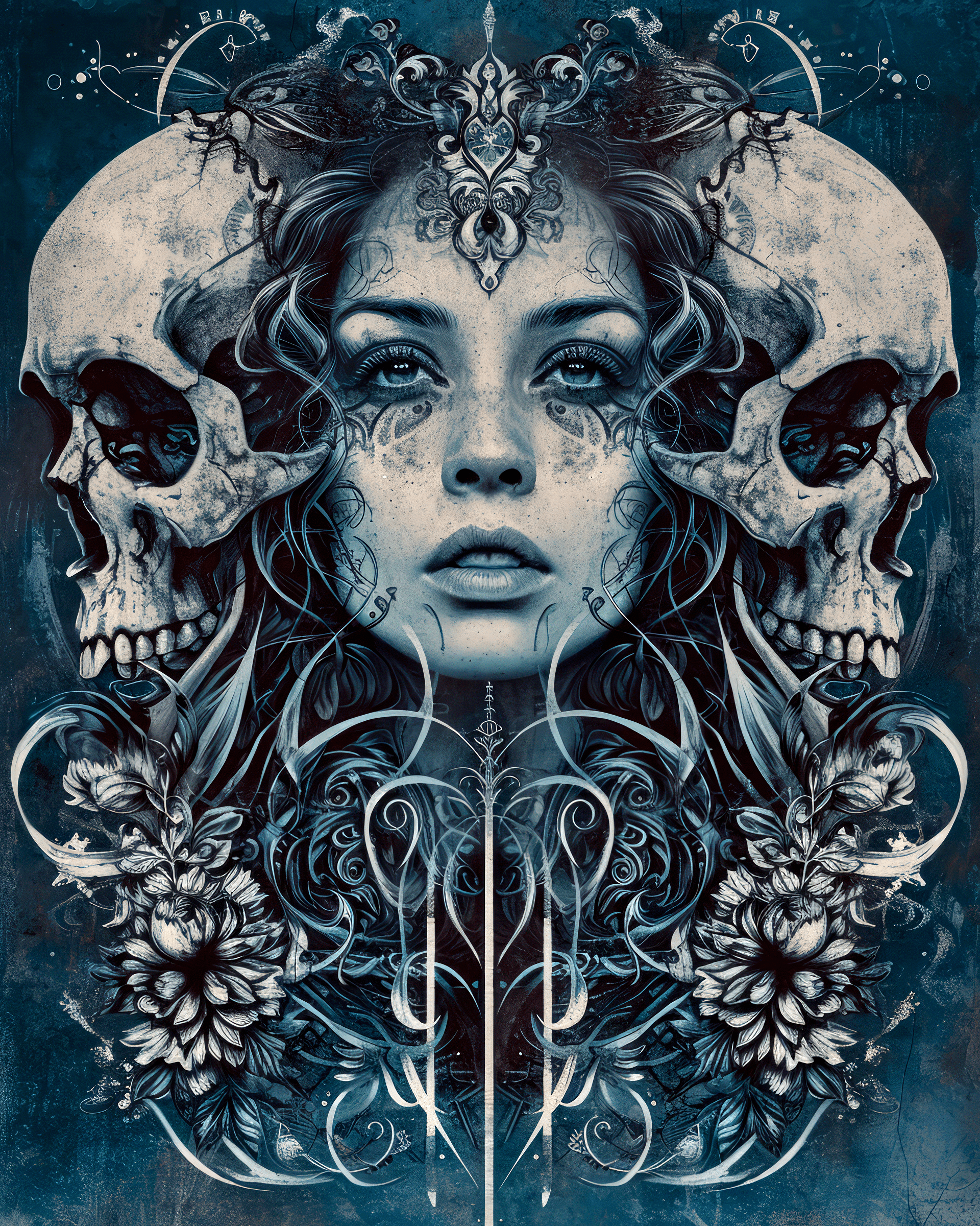 AI generated: a woman with a look of malice, skulls, tendrils, dark atmosphere, greyscale, cinematic, psychedelic,...