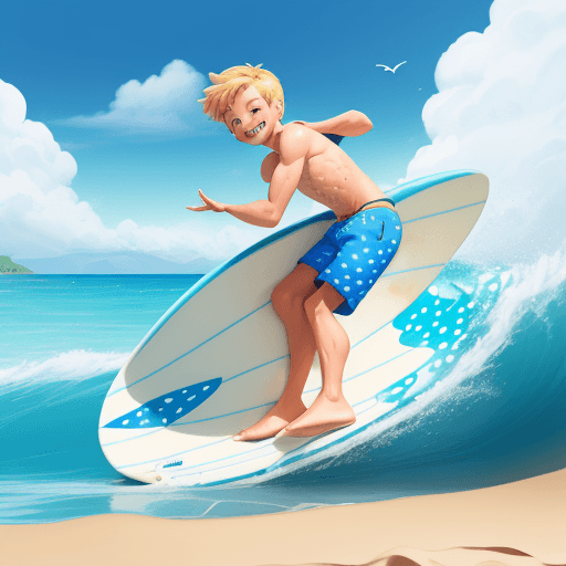 AI generated: A cute boy is surfing on the beach, in the style of Pixar, wearing blue shorts with white polka dots...