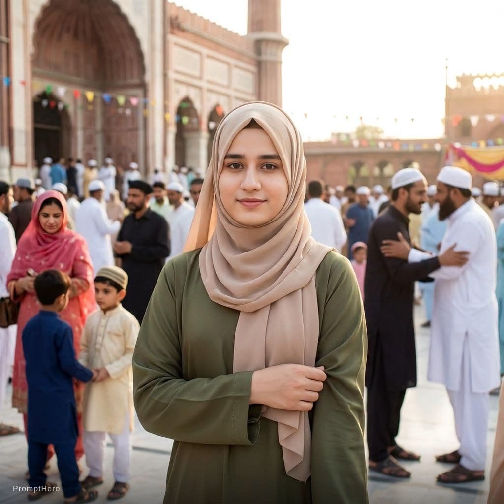 AI generated: A stunning 8K cinematic close-up portrait of a modest Egyptian girl standing outside a mosque after ...
