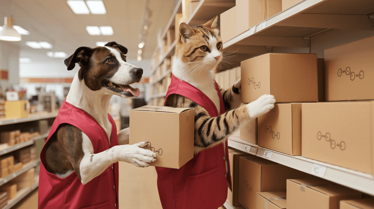 AI generated: A lifelike scene of a dog and a cat working together as employees wearing red vest in a retail store...