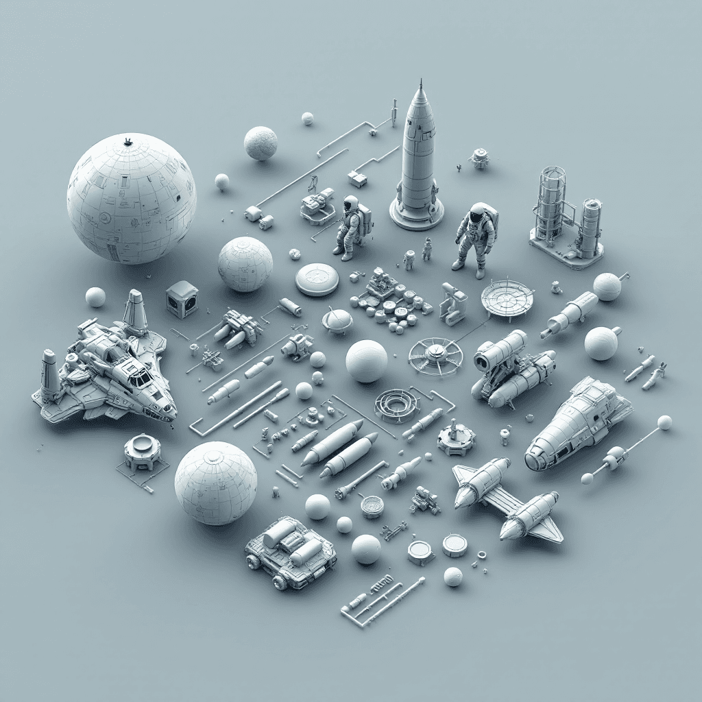 AI generated: 3D model kit style image, astronaut and space exploration equipment, including a spacecraft and plan...