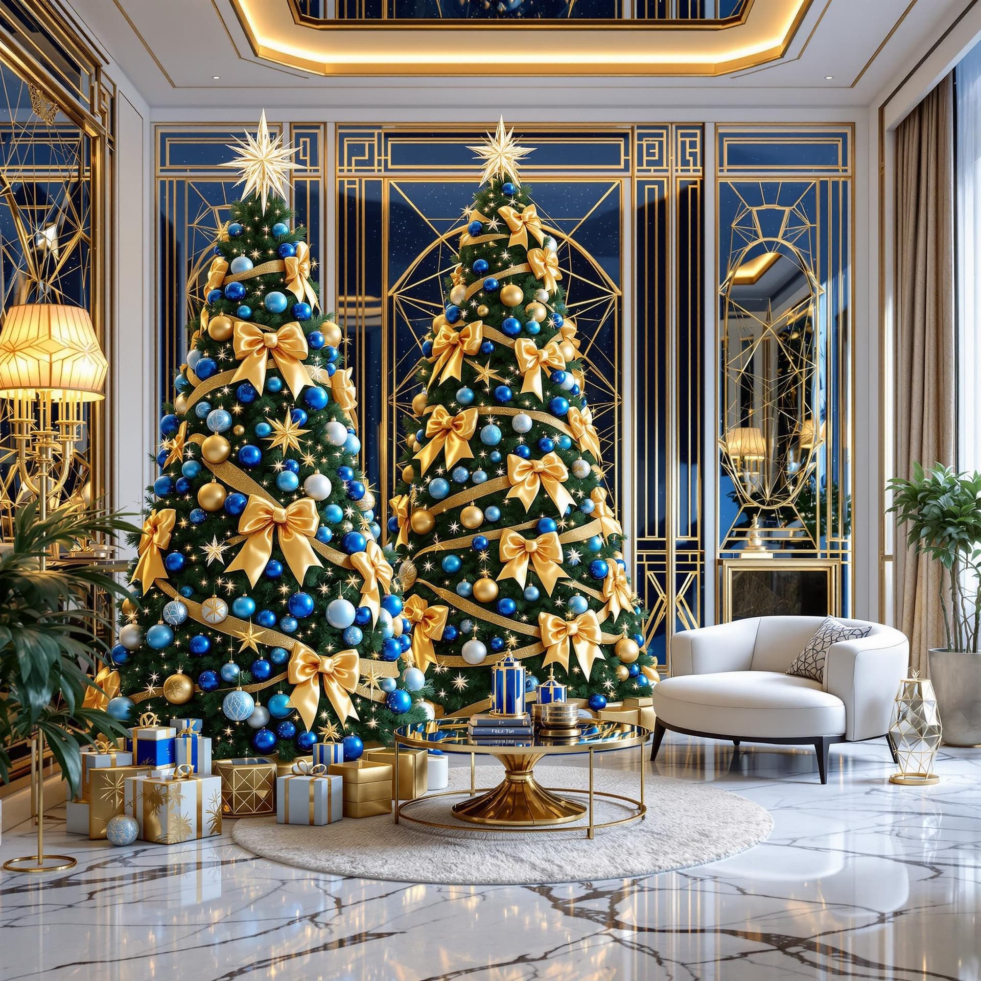 AI generated: Luxurious interior of a living room decorated for Christmas, with a luxurious tree with blue balls a...