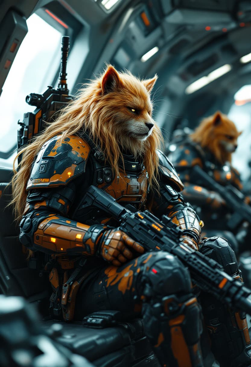 AI generated: A 50yo focused humanoid with feline features and hair like a long golden mane futuristic NCO space m...