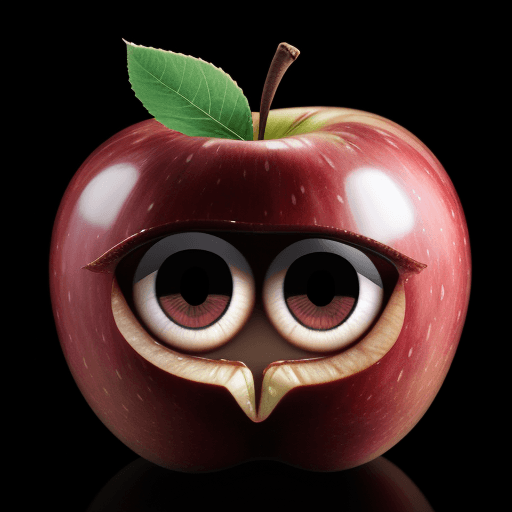 AI generated: an apple with two big eyes on a black background