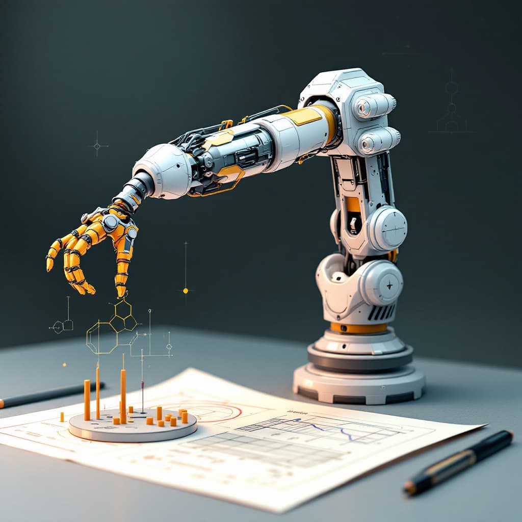 AI generated: a drawing of a robotic arm that draws a scientific diagram of a machine
