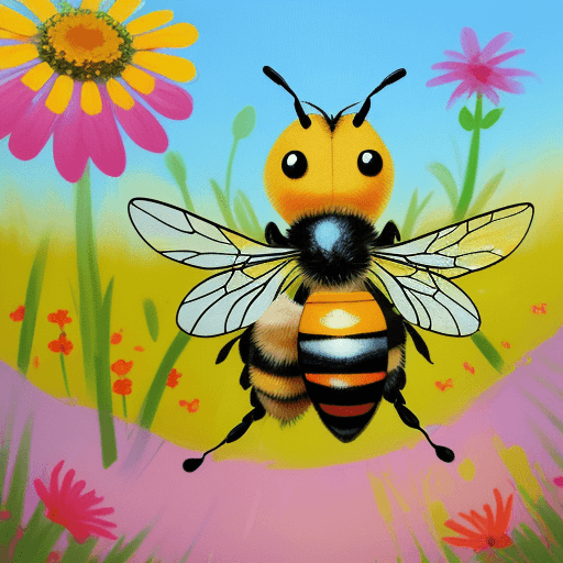 AI generated: An adorable and colorful bee stands in front of a canvas in a meadow full of flowers. The bee holds ...