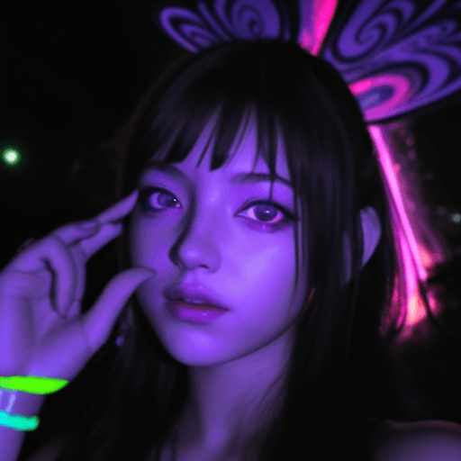 AI generated: Hyper realistic eye level exterior photo of a girl dacing on a psytrance party, night, indirect ligh...