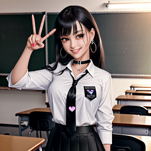 AI generated: best quality, 1 girl, standing, grin, peace sign, earrings, (barbell piercing), looking at viewer, c...