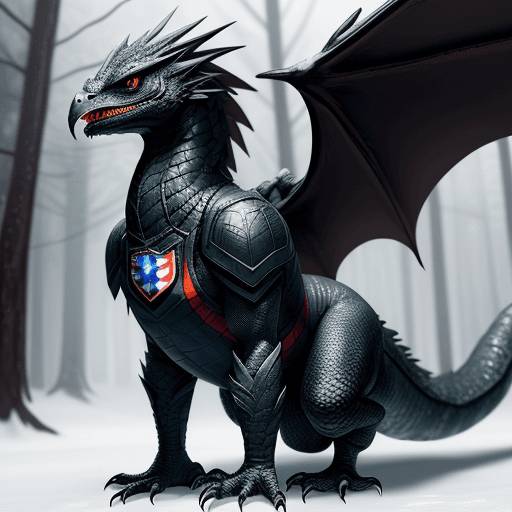 AI generated: handsome cute black dragon in snowy forest, wearing Captain america jacket, dnd character, backgroun...