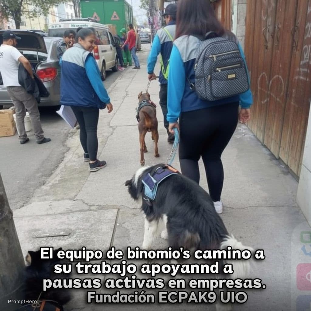AI generated: el equipo de binomios camino a su trabajo apoyando a las pausas activas en empresas fundacion ecpak9...