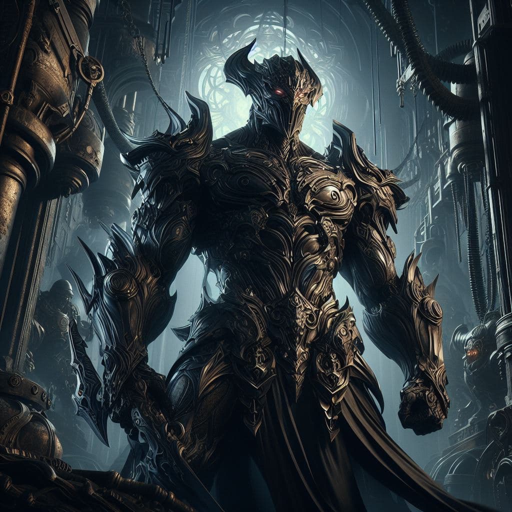 AI generated: Capture Darkforge Jarvan IV in a hyper-realistic photograph set amidst a dark and industrial landsca...