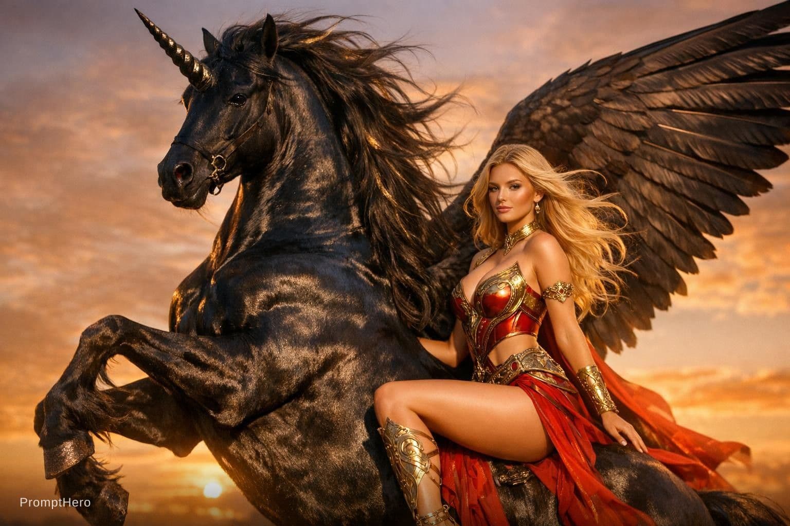 AI generated: Ultra photorealistic glamorous magazine centerfold photograph of a majestic black winged unicorn rea...