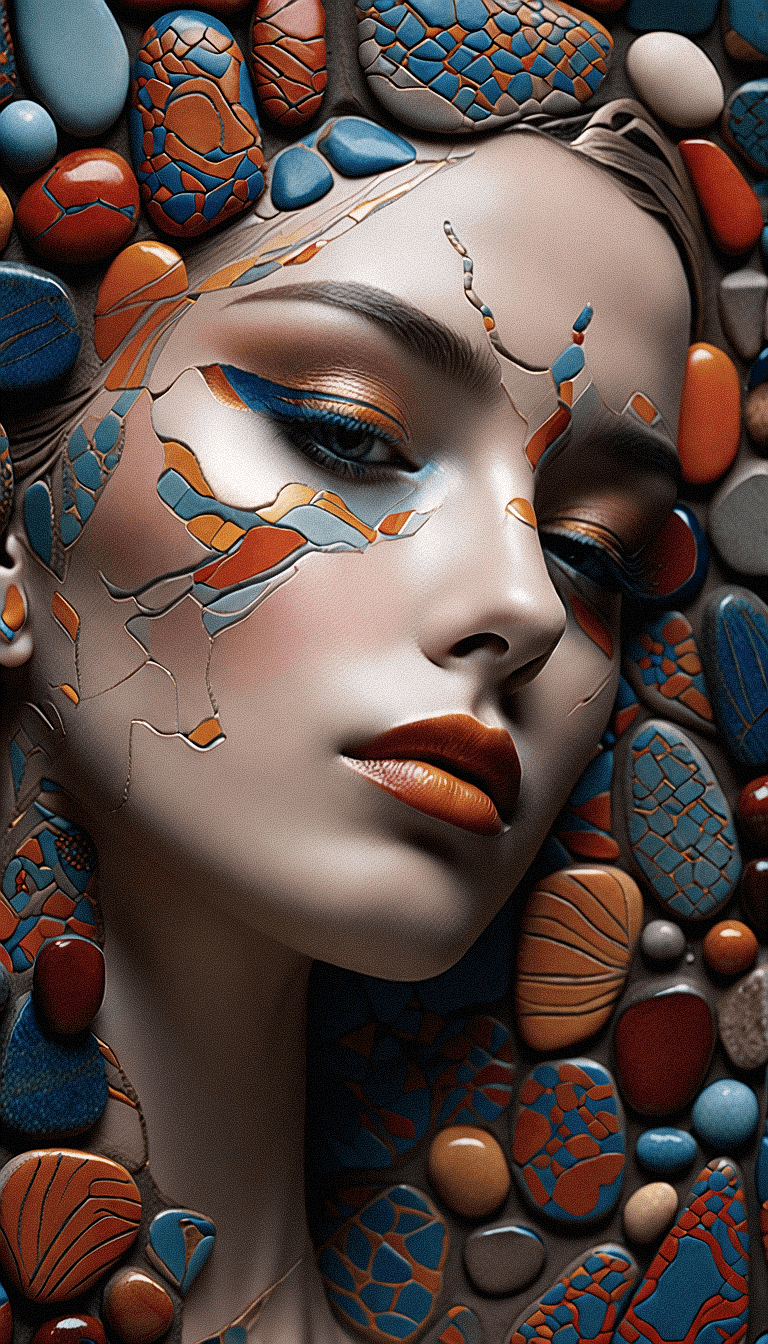AI generated: A close-up picture of a beautiful woman superimposed by  a collection of variously sized stones with...