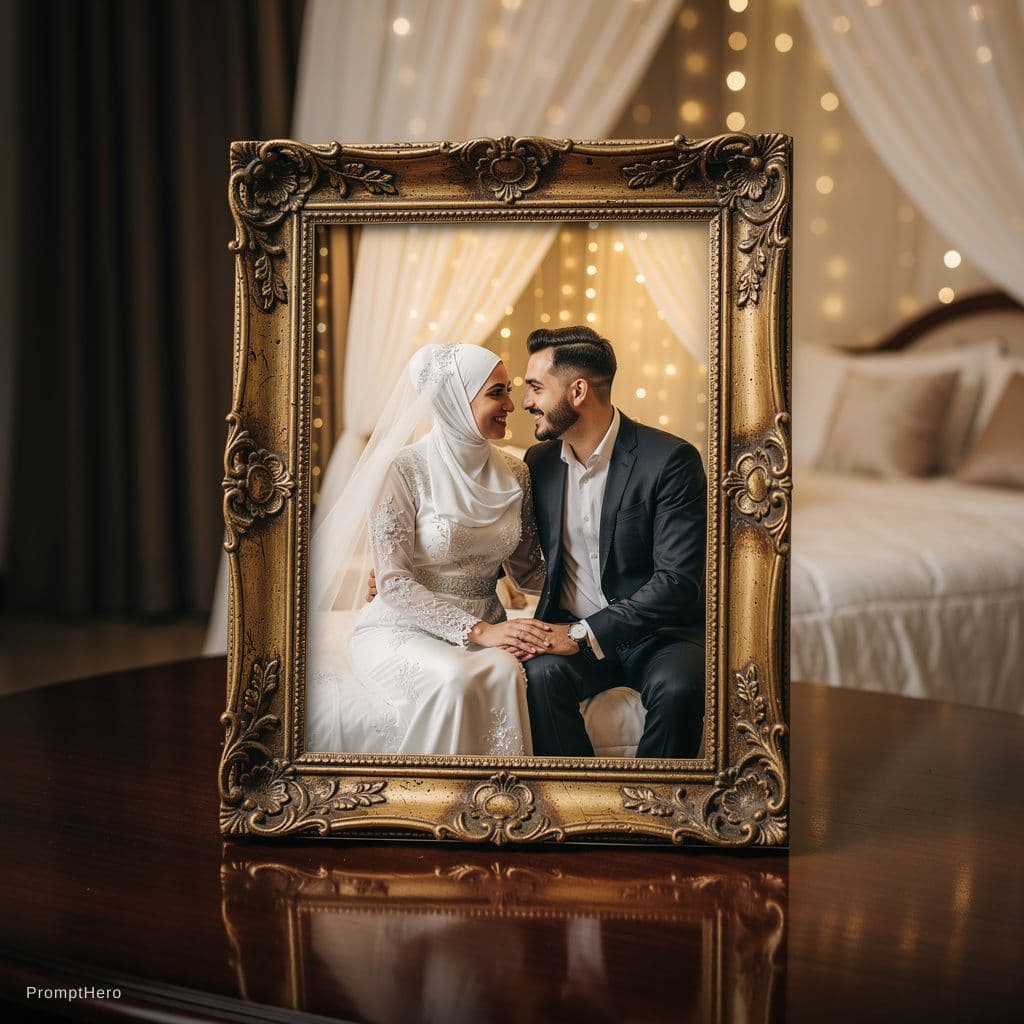 AI generated: "An elegant gold ornate picture frame standing on a wooden table. Inside the frame, a high-quality p...