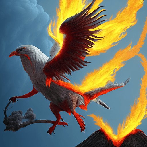 AI generated: giant flying mythical bird with smoke and burning ember coming off the tips of its feathers, emergin...