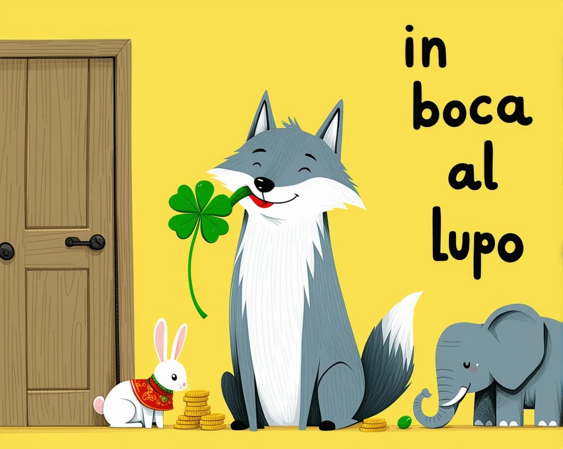 AI generated: I'm looking for a humorous and ironic illustration based on the Italian expression "in bocca al lupo...