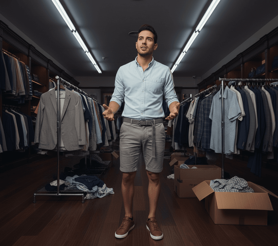 AI generated:  Inside a poor clothing store. A Hispanic male, is 5 feet tall. He is wearing a baby blue shirt shor...