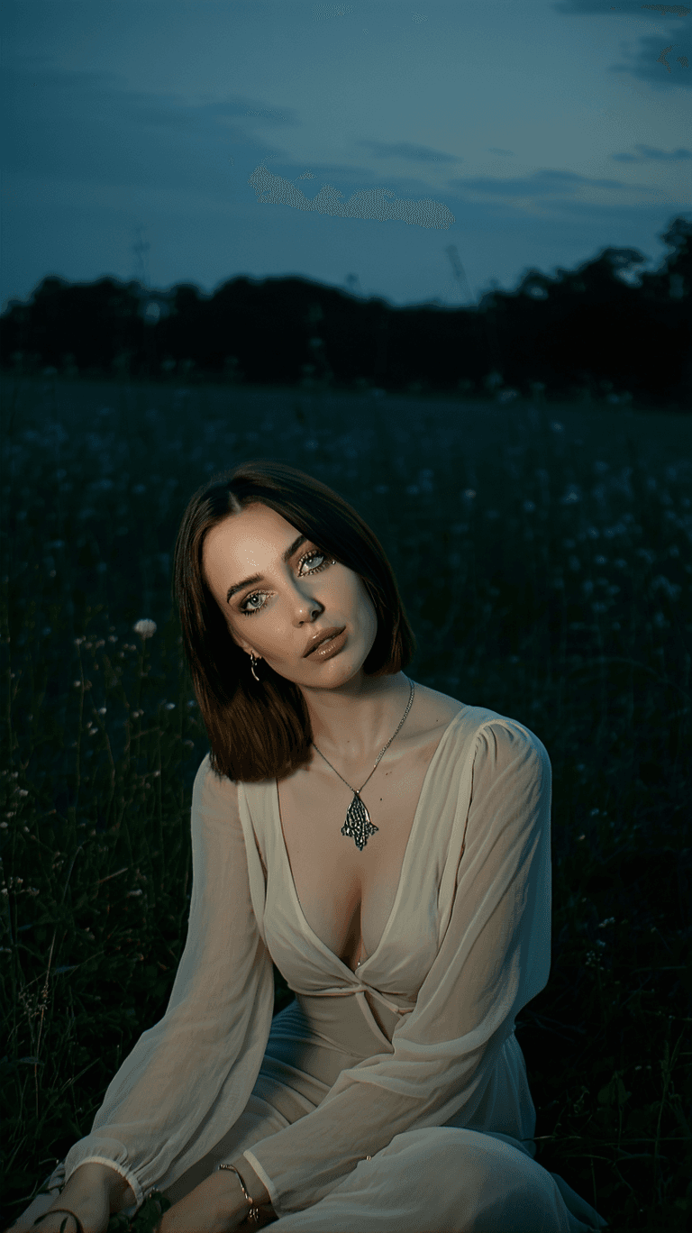 AI generated: A captivating photograph features a charming woman seated on the ground, her posture gently tilted t...