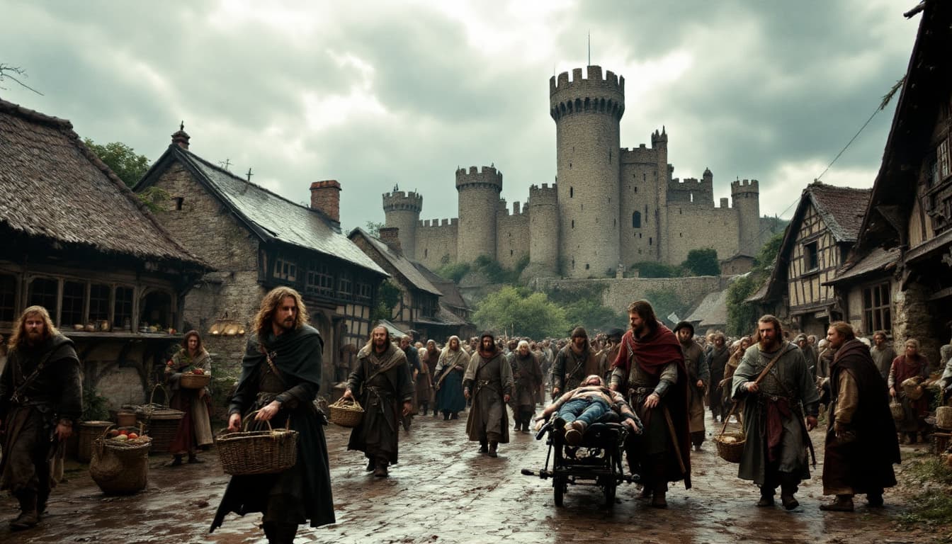 AI generated: a medieval village with a castle in the background, showcasing a scene of everyday life in a bygone ...