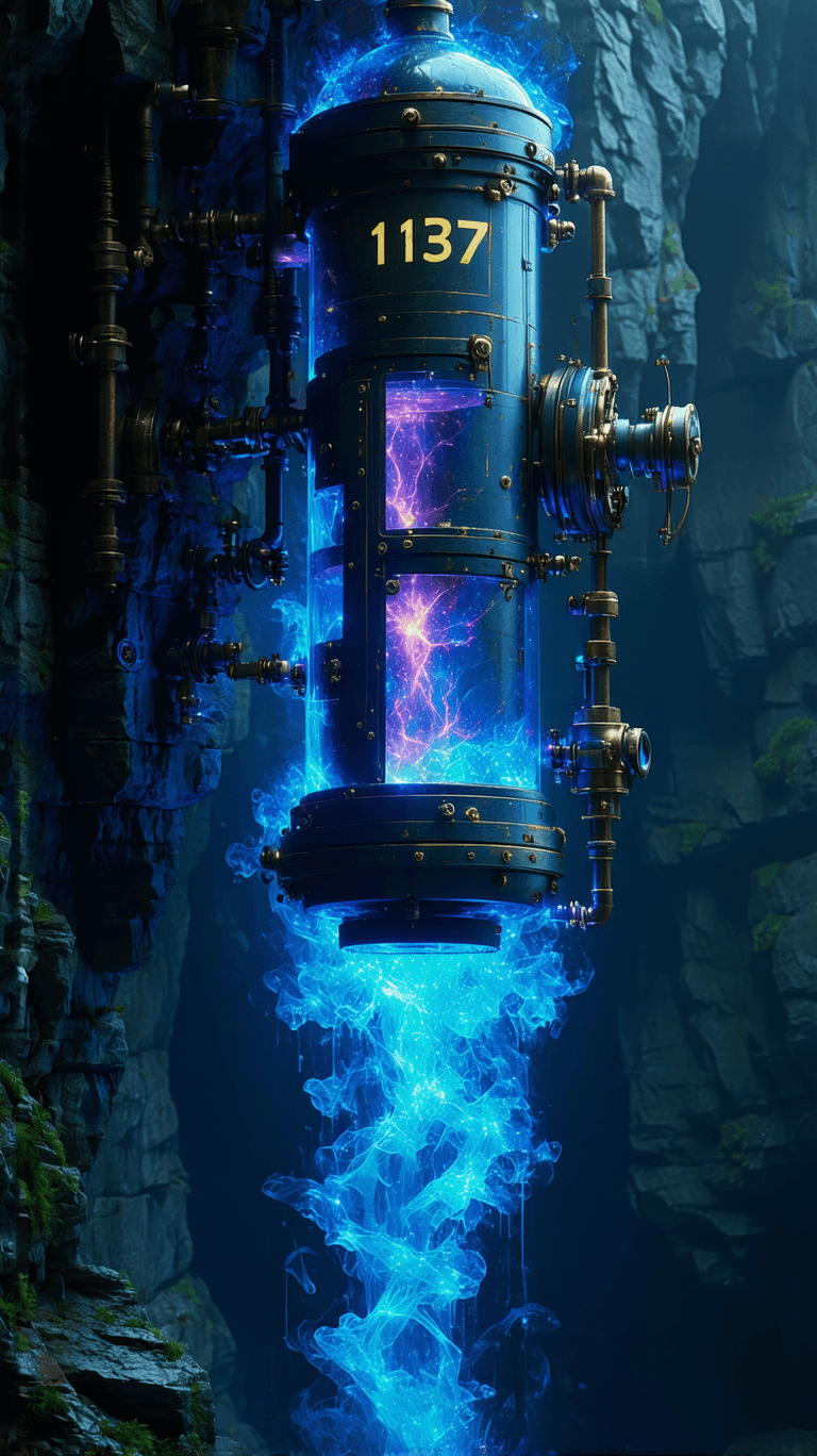 AI generated: A highly detailed, steampunk-style device is mounted on a submerged mountainside, illuminated by gen...