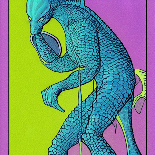 AI generated: a blue scaly short alien imagined by Moebius --v 4