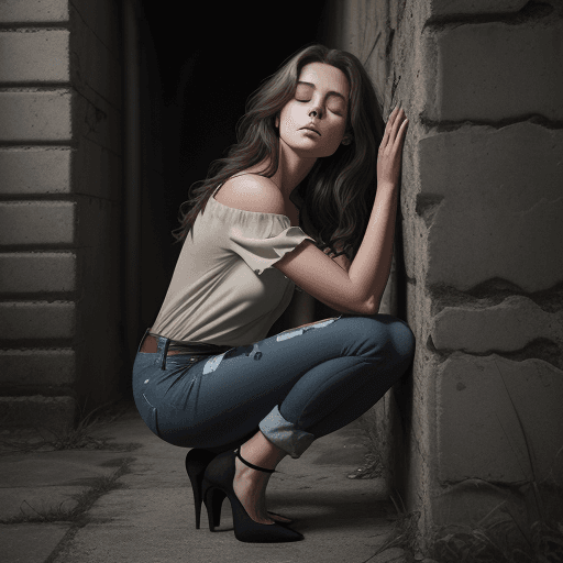 AI generated: photograph of a woman sitting outside crouching up against a crumbling cement wall, her head is tilt...
