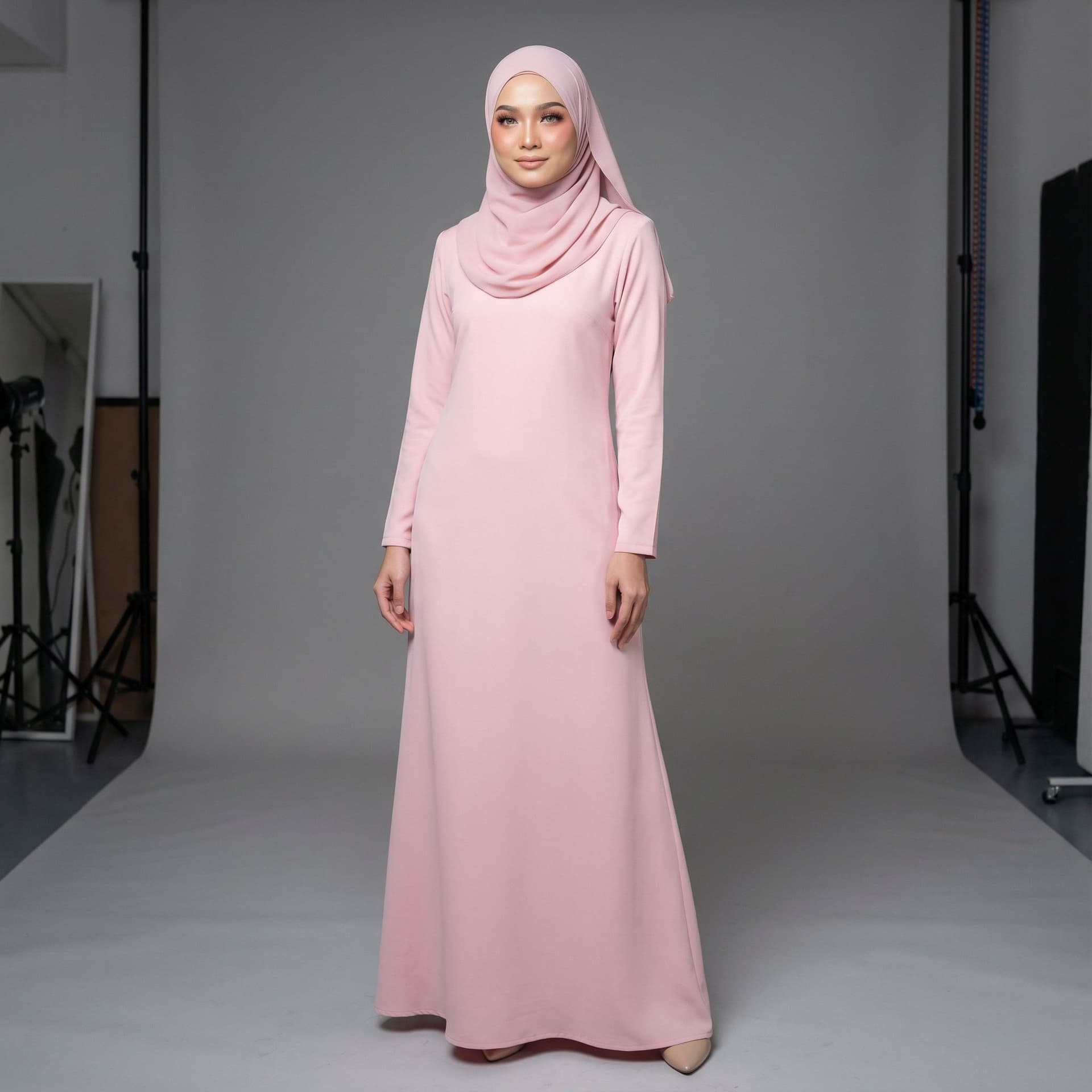 AI generated: Full body fashion portrait of an elegant hijab fashion model, standing pose, wearing a pastel pink l...