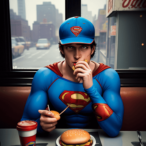 AI generated: a lonely and depressed Superman wearing a baseball cap eating a hamburger and fries beside the windo...