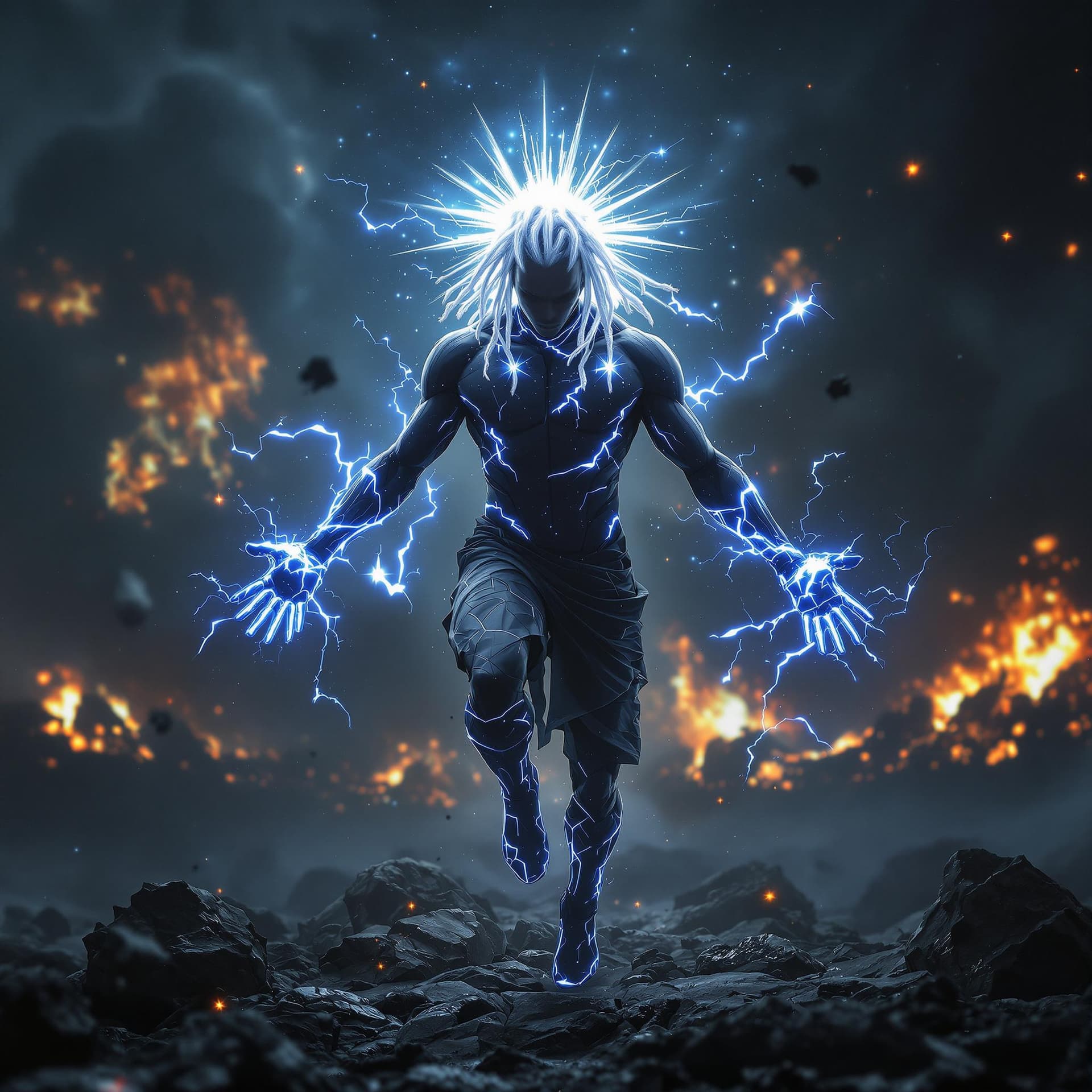 AI generated: front view of a PHOTOrealistic african american superHERO with white glowing short dreadlocks, his b...