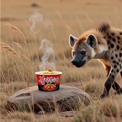 AI generated video: 사바나는 동물의 왕국이다 넓은 들판에 불닭볶음면 놓아두었다 먼저 하이애나가와서먹고 매워서 도망간다 
