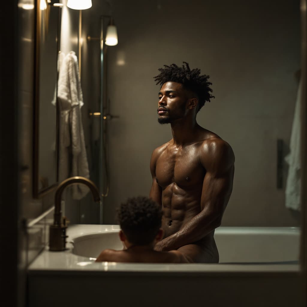 AI generated: Man anda boy in the bathroom, naked, soft and medium wood, dark boy, realistic.