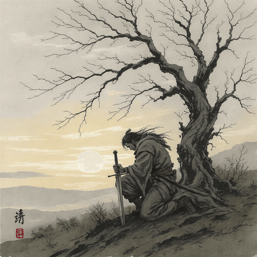 AI generated: A warrior kneeling beneath a dead, leafless tree, sword planted firmly into the earth before him. Th...