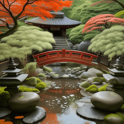 AI generated: "A serene Japanese garden embraces the gentle rain. Stone lanterns stand silent, their surfaces glis...