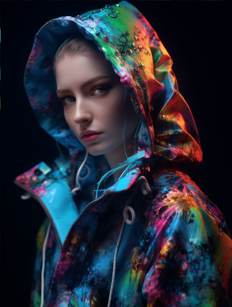 AI generated: coat for a rave, bright colors, many details, prints, photo for a magazine, photo for a store, fashi...