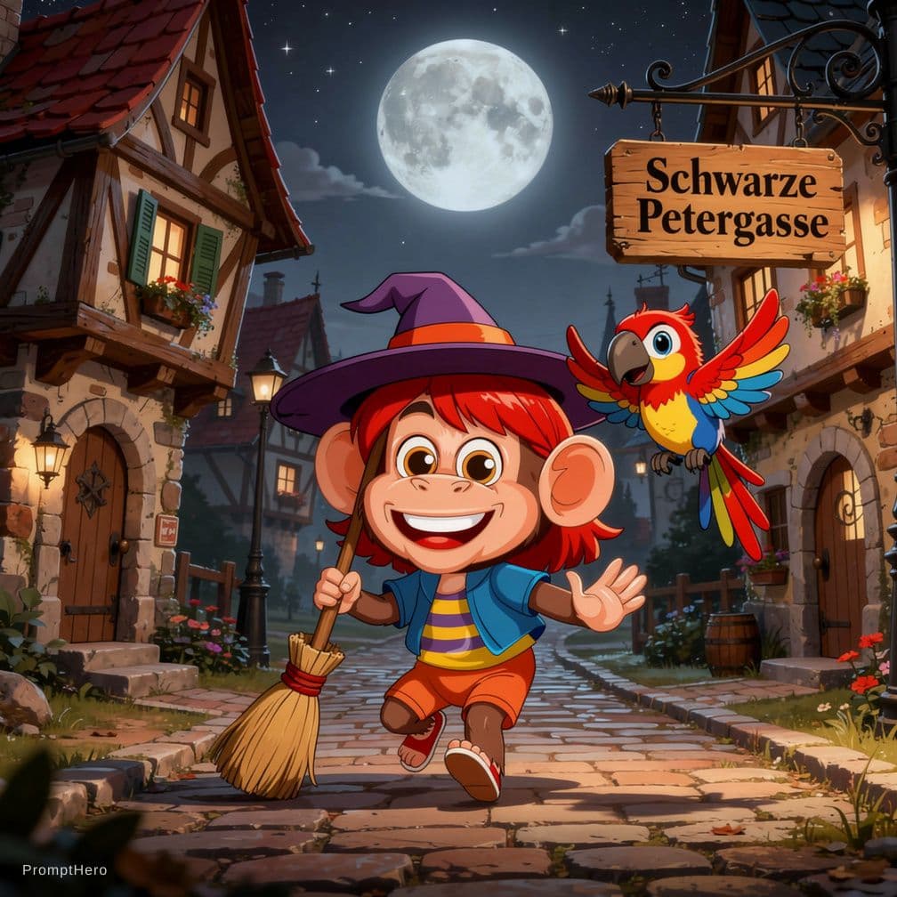 AI generated: A little red-haired witch wearing a witchhat and holding a broom stick in her left hand is walking a...