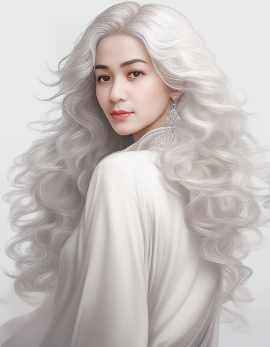 AI generated: White hair, silver eyes, Asian girl with wavy shoulder-length white curly hair, gorgeous appearance,...